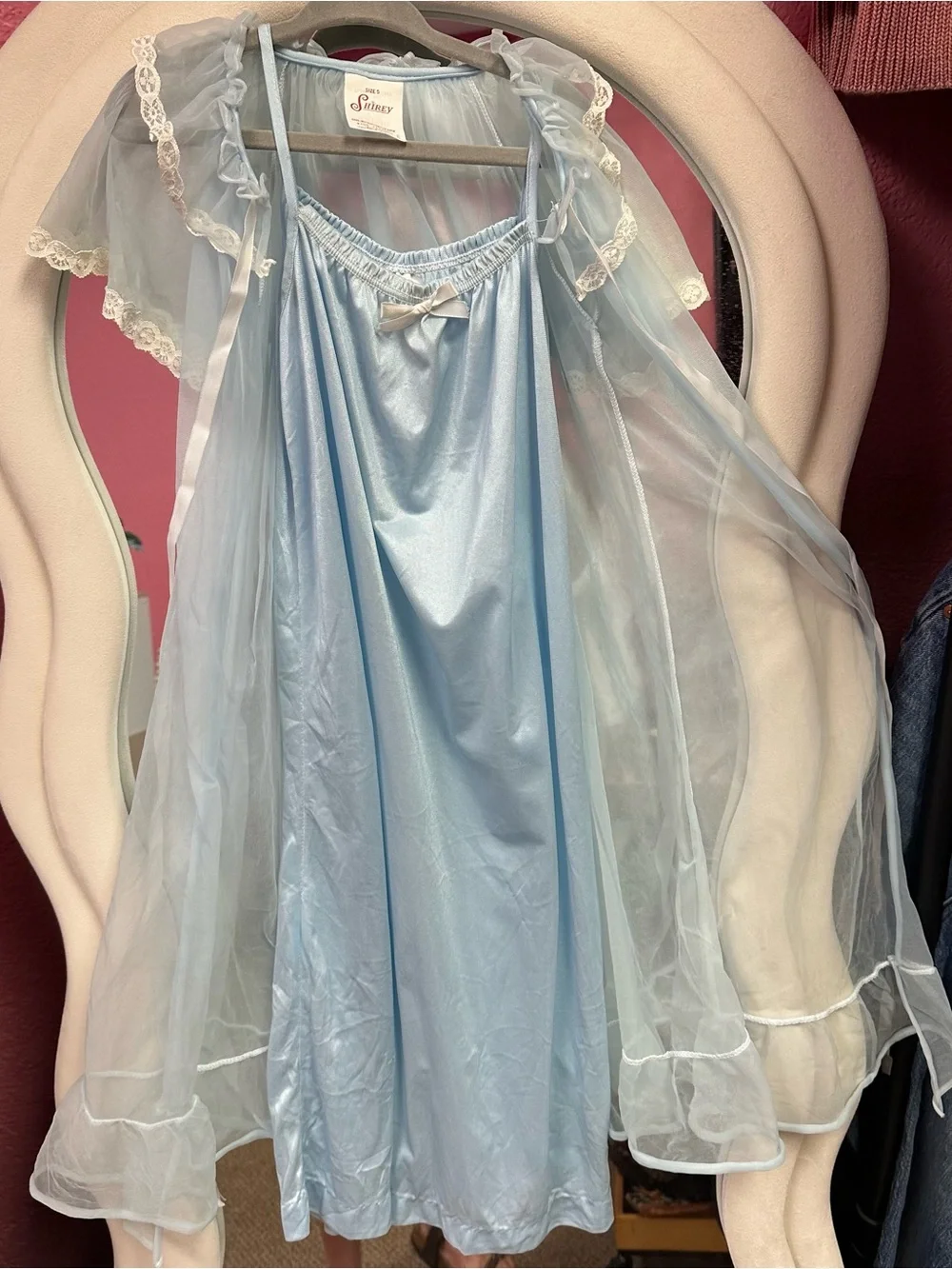 Vintage Shirey Girls Light Blue nightgown and robe set with Lace Trim